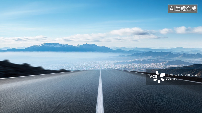 【AI数字艺术】高原户外公路 远处为山谷大平原中的城市建筑图片素材