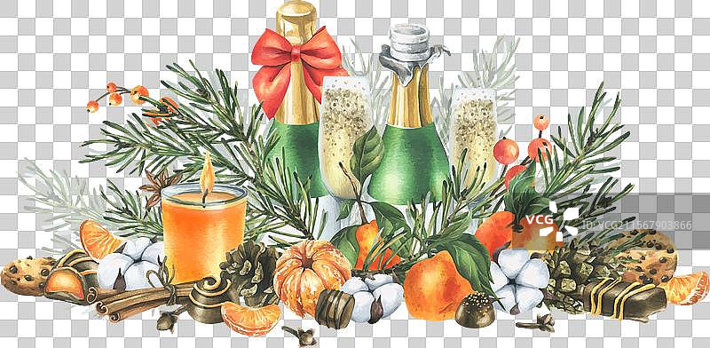 圣诞装饰与橘子、香槟和甜点图片素材