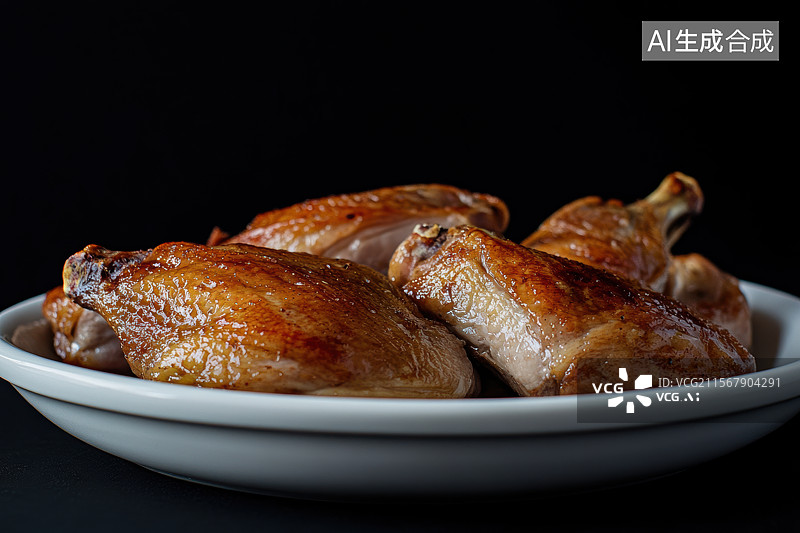 【AI数字艺术】黑色背景下陶瓷盘子里的烧鹅图片素材