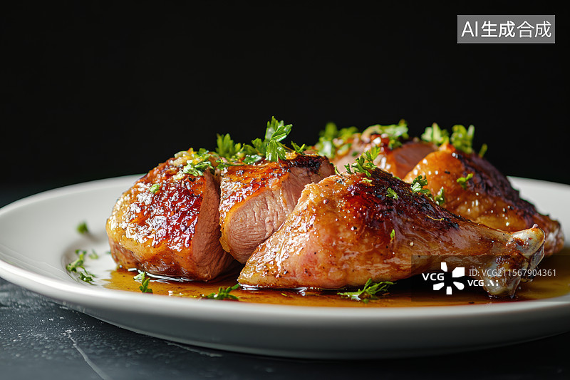 【AI数字艺术】黑色背景下陶瓷盘子里的烧鹅图片素材