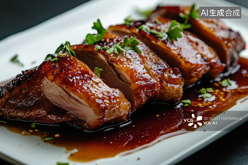 【AI数字艺术】黑色背景下陶瓷盘子里的烧鹅图片素材