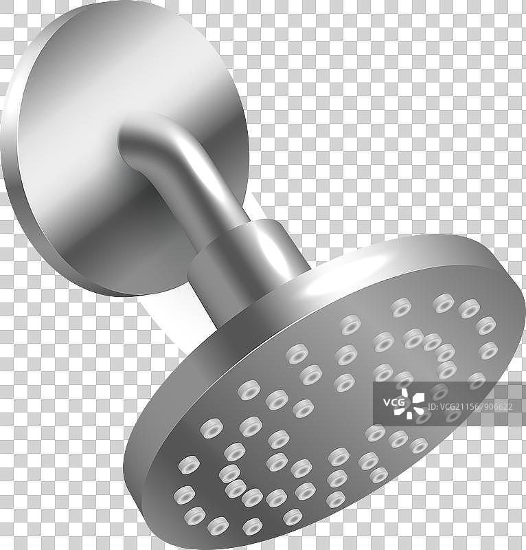 银色淋浴头，圆形喷嘴与墙壁相连图片素材