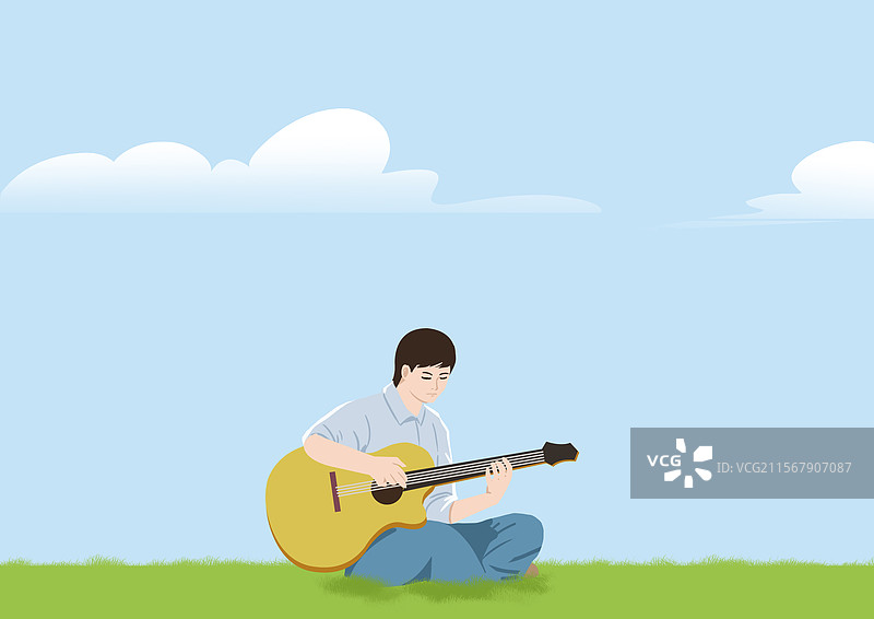 浪漫唯美可爱小清新夏天坐在草地上弹琴弹吉他的白衣衬衣少年男孩男生意境插画图片素材