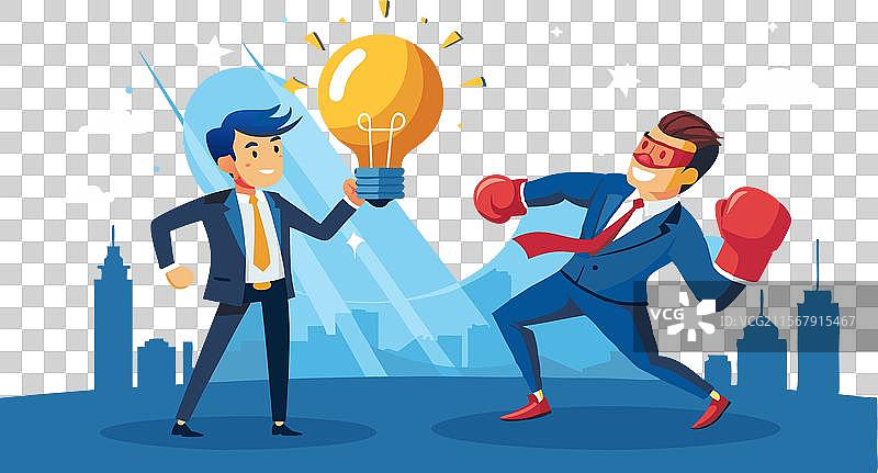 商人带着创意与竞争对手在拳击手套中对抗图片素材