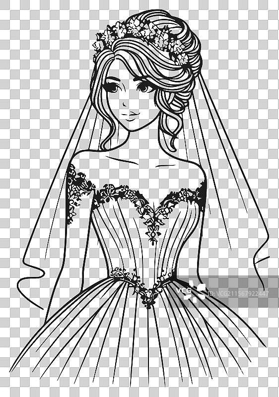 线条艺术新娘女孩与现代女性的线条画图片素材