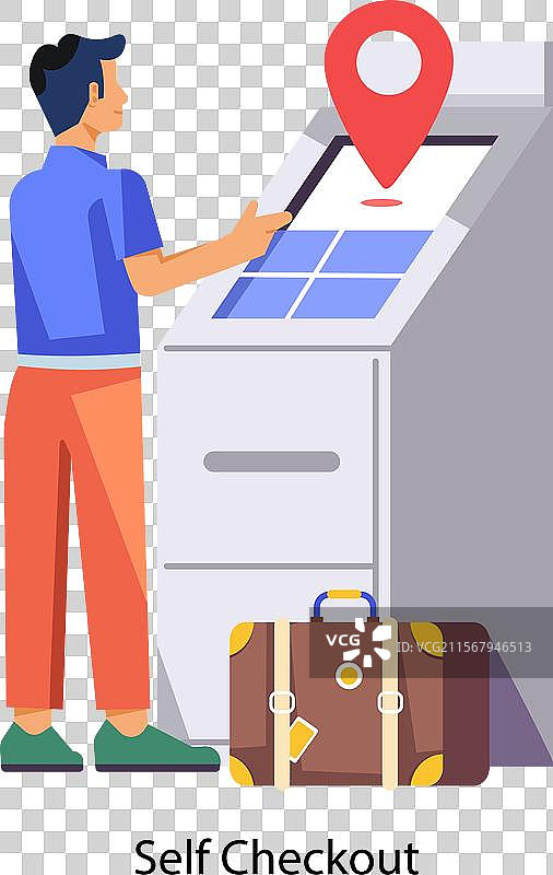 使用自助结账机的网络管理员平面图图片素材