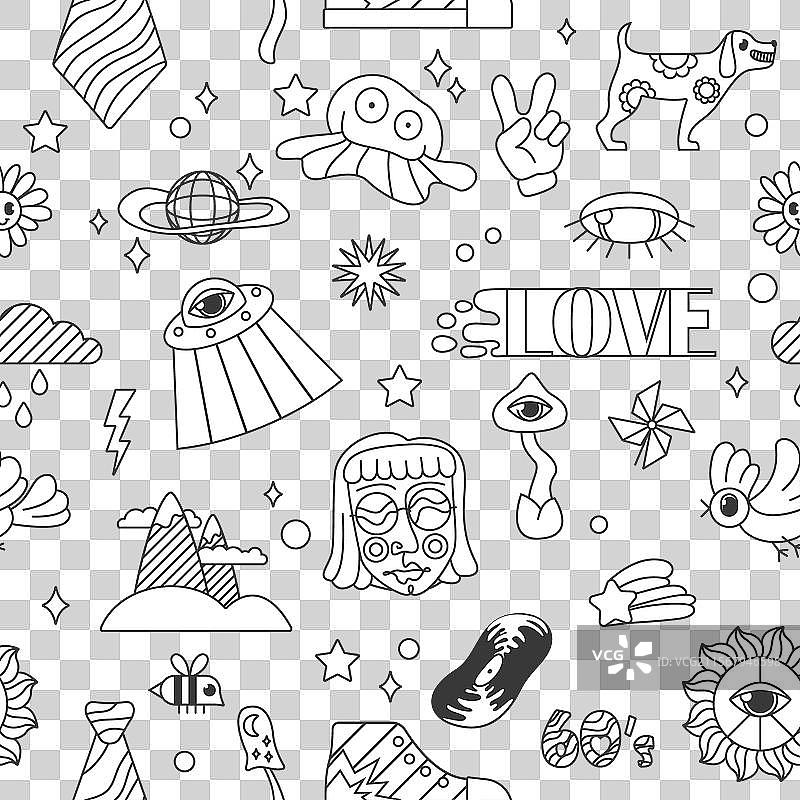 迷幻的卡通风格轮廓无缝图案图片素材