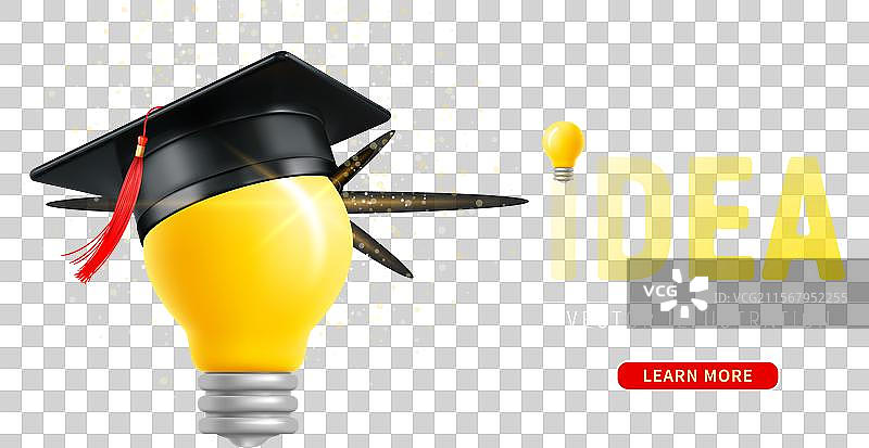 带有毕业帽的发光黄色灯泡图片素材