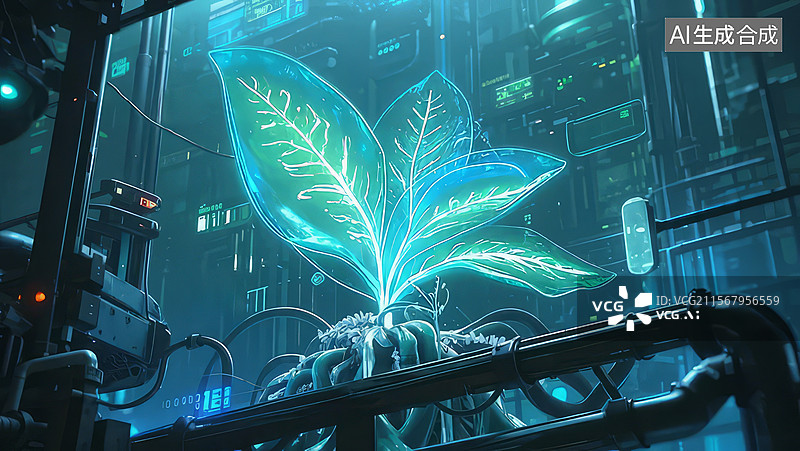 【AI数字艺术】未来实验室中的发光植物图片素材