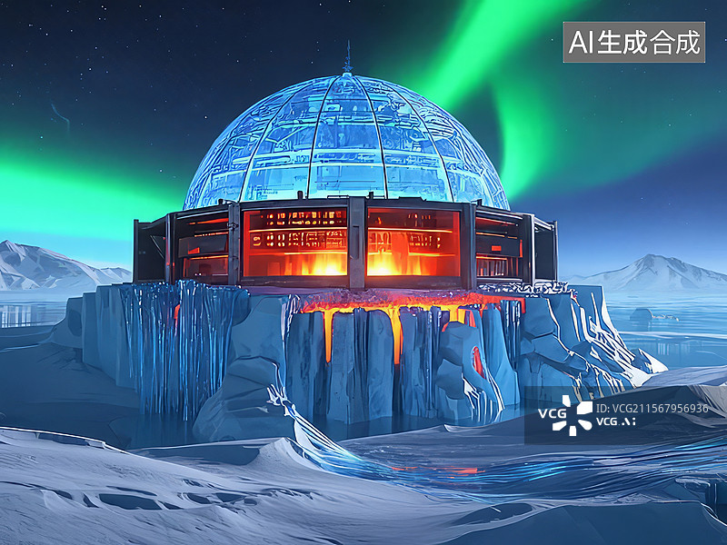 【AI数字艺术】北极光下的冰穹建筑图片素材