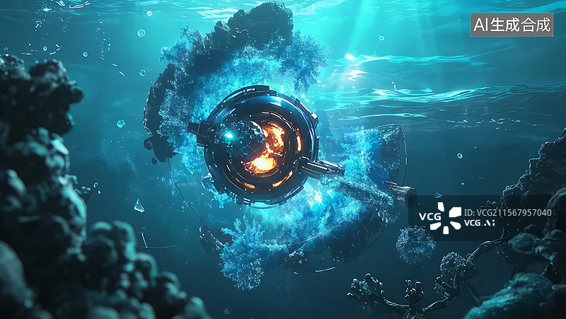 【AI数字艺术】水下机械装置与火焰图片素材