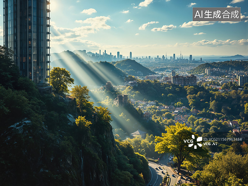 【AI数字艺术】城市山景晨光图片素材