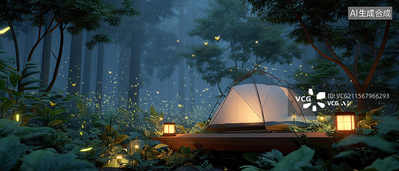 【AI数字艺术】夜幕下的森林露营图片素材