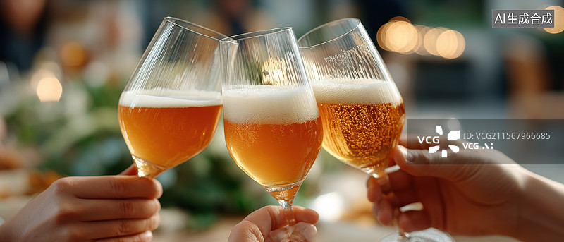 【AI数字艺术】干杯！三杯啤酒庆祝时刻图片素材