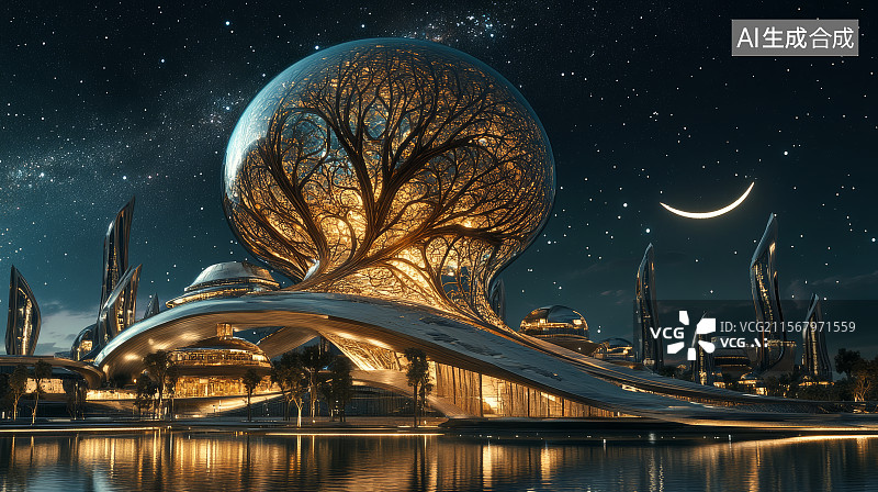 【AI数字艺术】星空下的未来科技概念城市图片素材