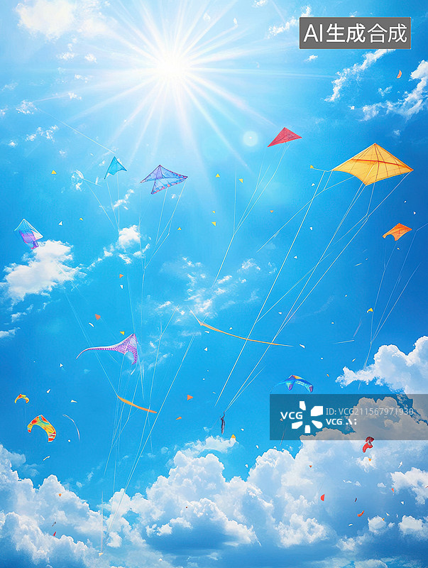 【AI数字艺术】蓝天白云下的多彩风筝图片素材