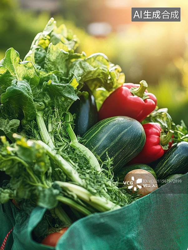 【AI数字艺术】新鲜蔬菜装在绿色袋子里图片素材