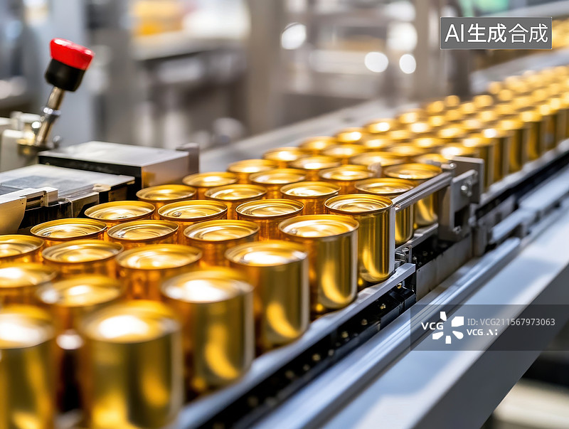 【AI数字艺术】生产线上的金色罐装产品图片素材