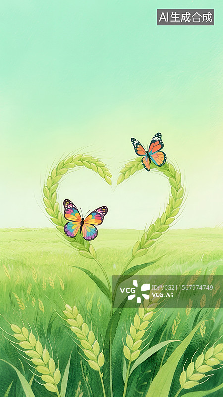 【AI数字艺术】麦田中麦穗组成的心形与蝴蝶图片素材