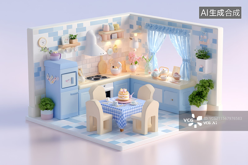 【AI数字艺术】温馨的卡通餐桌餐厅厨房图片素材