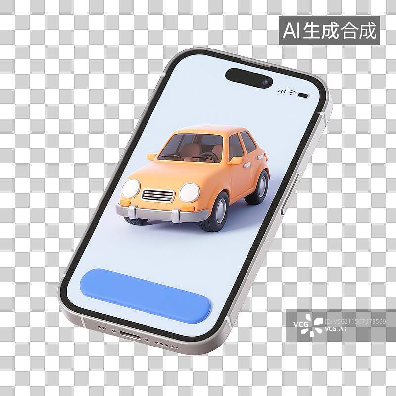 【AI数字艺术】卡通风格手机屏幕上的黄色汽车3D插图图片素材