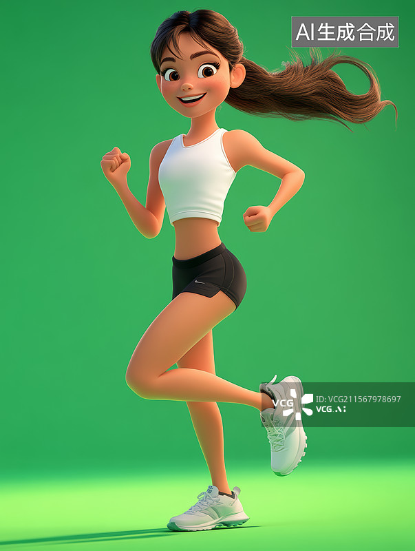 【AI数字艺术】绿色背景中跑步的女孩图片素材