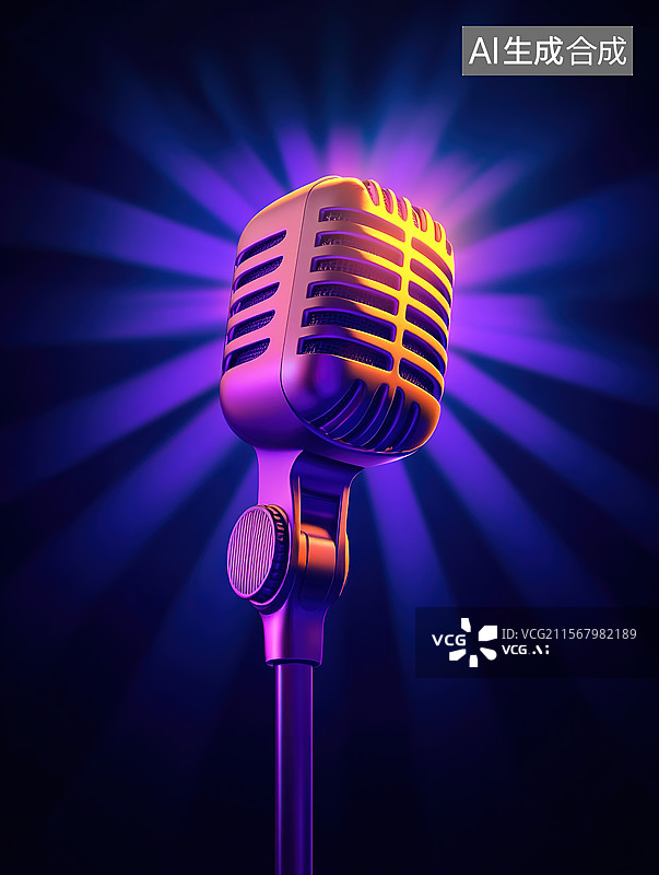 【AI数字艺术】舞台上的麦克风话筒特写插画图片素材