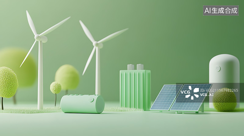 【AI数字艺术】风力发电机太阳能光伏电池板和储能电池新能源电力系统卡通插画图片素材