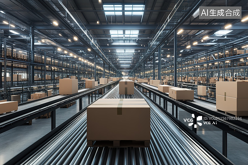 【AI数字艺术】传送带上的快递箱和仓储物流概念图片素材