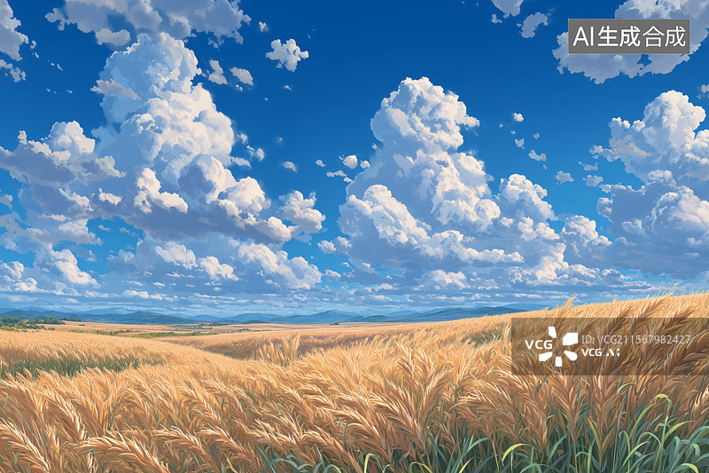 【AI数字艺术】晴朗天空下的麦田插画图片素材