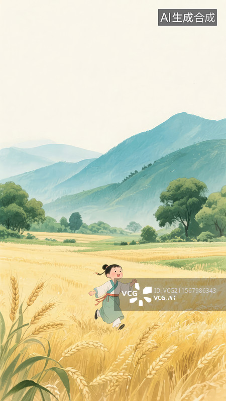 【AI数字艺术】孩童在金黄田野奔跑图片素材