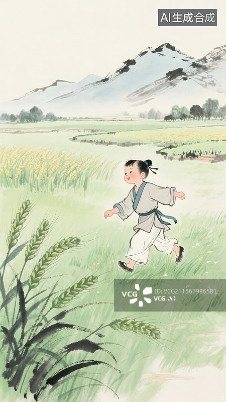 【AI数字艺术】孩童田野奔跑图图片素材