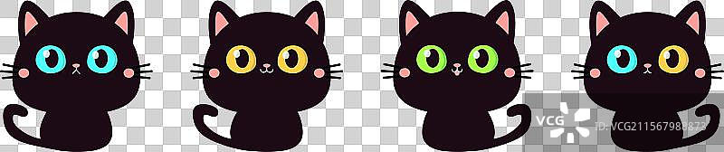 猫咪与大黄、蓝、绿的幼崽一起坐成一排图片素材