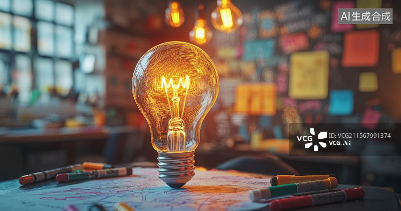 【AI数字艺术】桌面创意发光灯泡特写图片素材