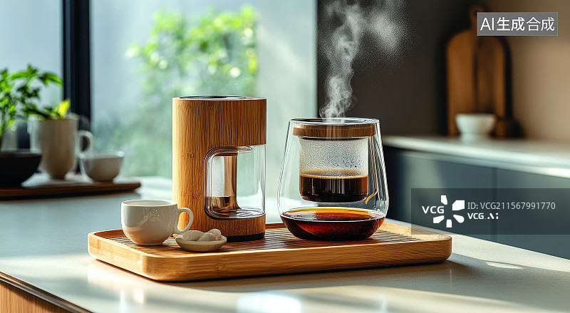 【AI数字艺术】室内咖啡冲煮器具与咖啡豆图片素材