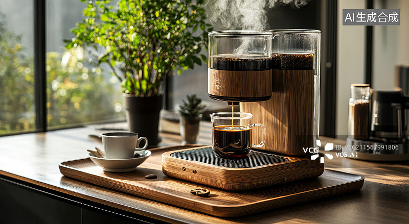 【AI数字艺术】室内咖啡冲煮器具与咖啡豆图片素材