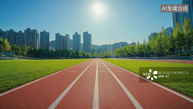 【AI数字艺术】城市中阳光照耀下的塑胶跑道图片素材
