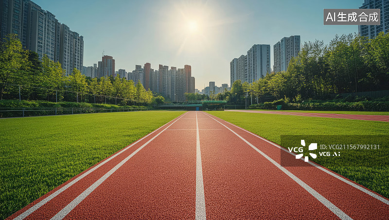 【AI数字艺术】城市中阳光照耀下的塑胶跑道图片素材