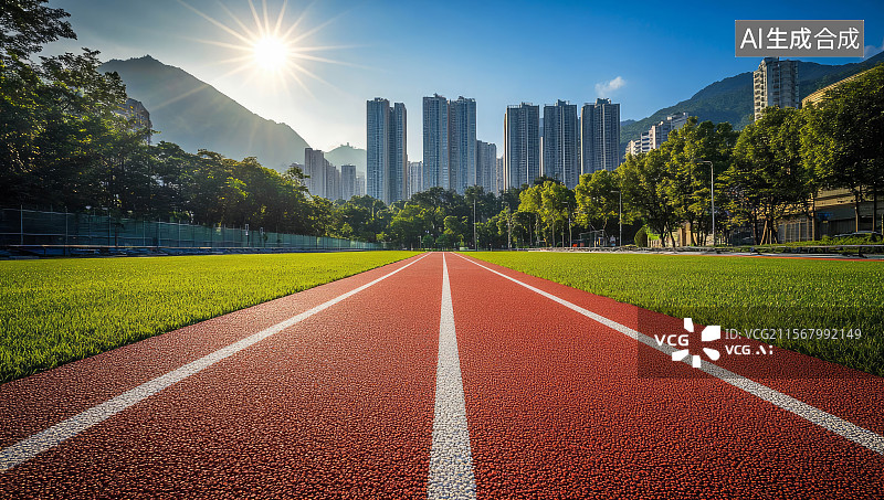 【AI数字艺术】城市中阳光照耀下的塑胶跑道图片素材