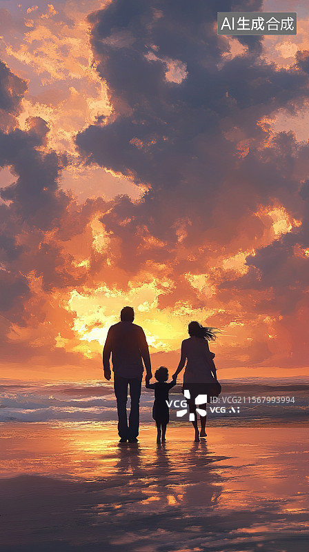 【AI数字艺术】日落海边的沙滩上一家人漫步欣赏夕阳海景图片素材