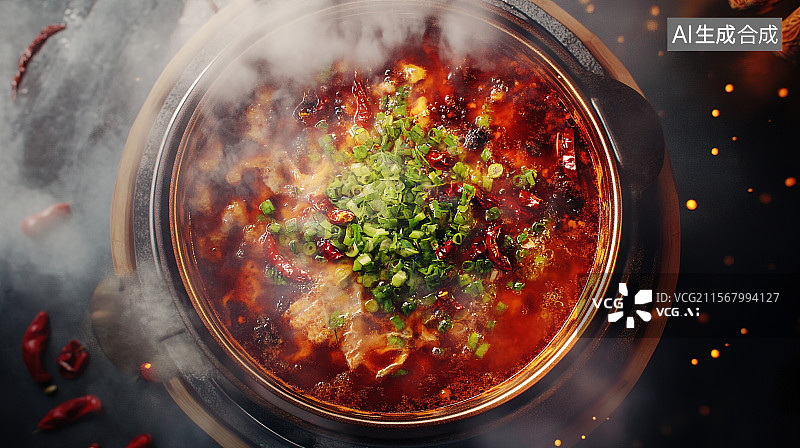 【AI数字艺术】黑色干净背景前一锅中国四川火锅的顶视图插画图片素材