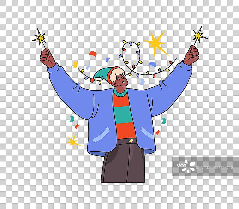 男人庆祝圣诞节，手持烟花灯和花环图片素材