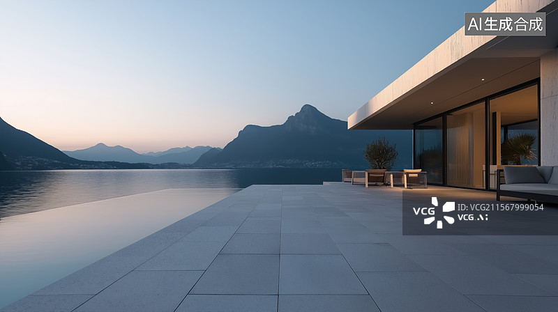 【AI数字艺术】现代建筑与湖景图片素材