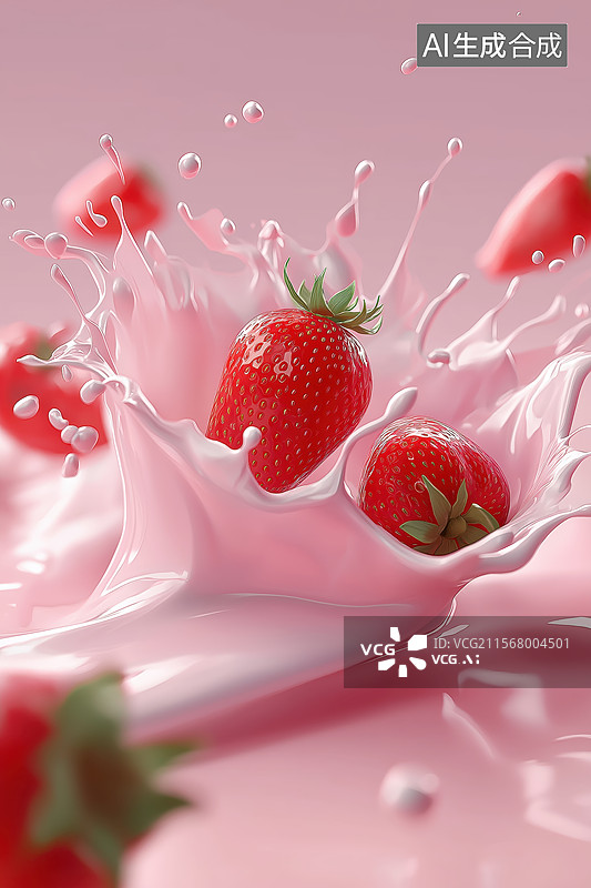 【AI数字艺术】草莓掉入粉色液体中溅起水花图片素材