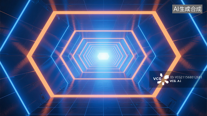【AI数字艺术】赛博朋克网格状霓虹灯光隧道式科技背景图片素材