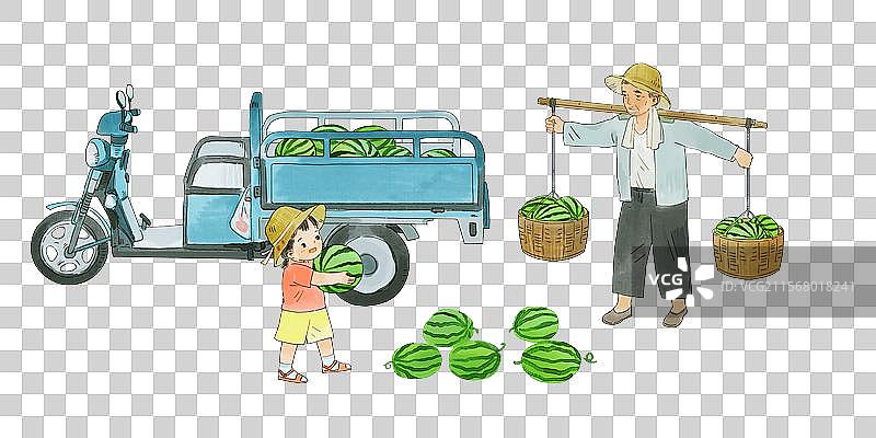 三轮车卖西瓜的爷爷和孙女水彩儿童插画图片素材