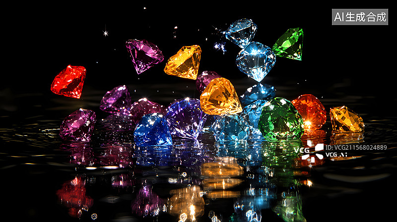 【AI数字艺术】彩色钻石溅落水面图片素材