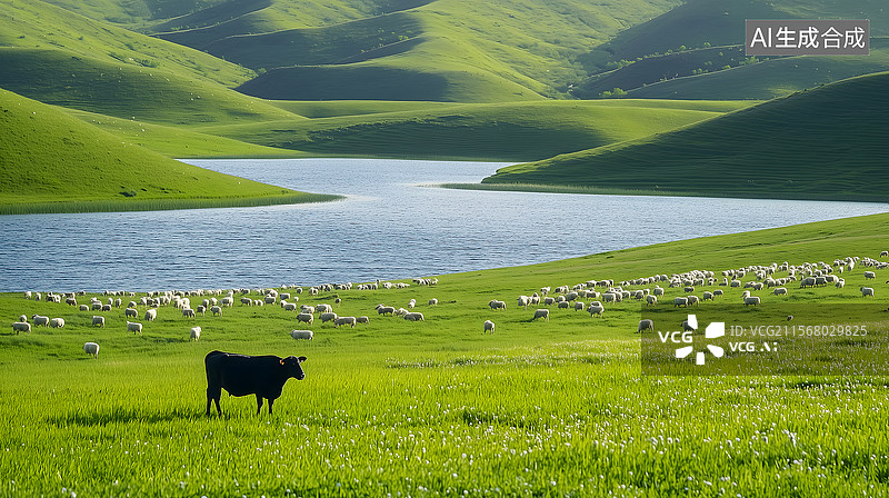 【AI数字艺术】翠野逸湖牧景图图片素材