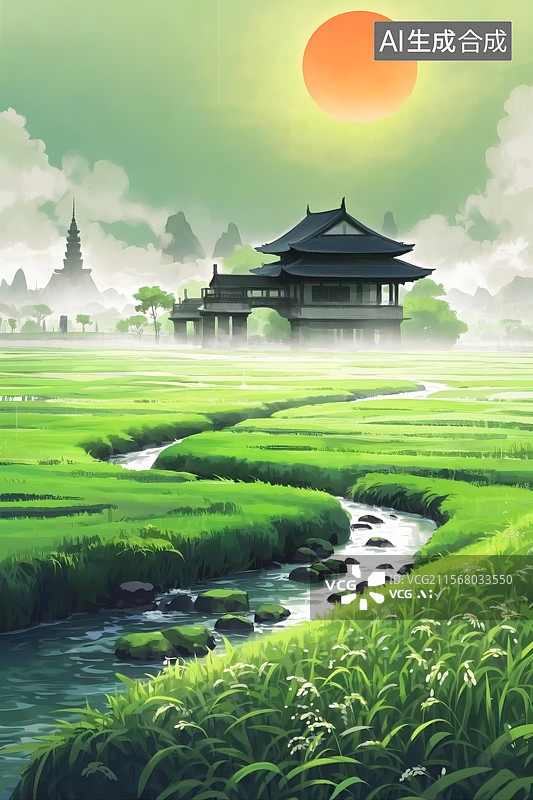 【AI数字艺术】田园间的中式古建筑国风插画图片素材