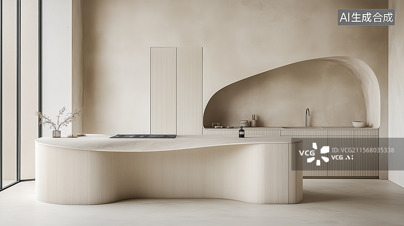 【AI数字艺术】奶油风现代厨房图片素材